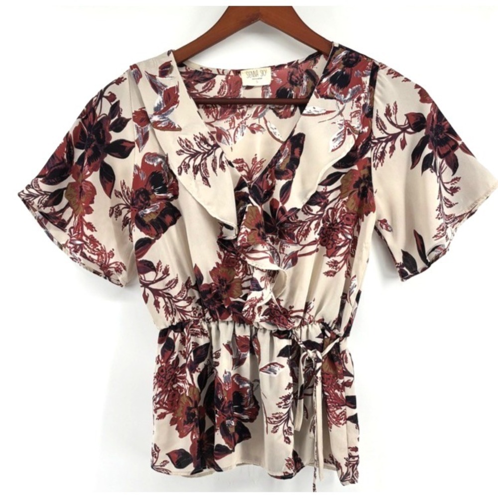 Beige Floral Faux Wrap Peplum Top Sz S Ruffle Boho Cottagecore Romantic Feminine